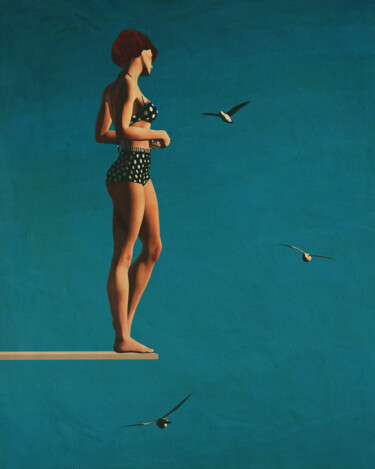 Painting of a woman standing from a diving board