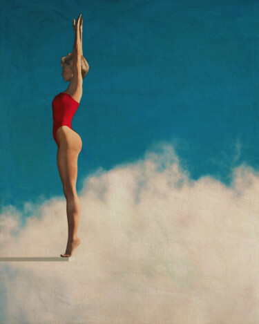 Painting of a woman ready to dive into the clouds