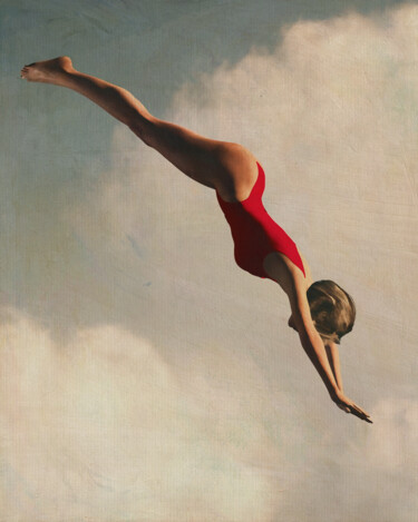 Retro Style Painting Of A Woman Diving Into The Cloud