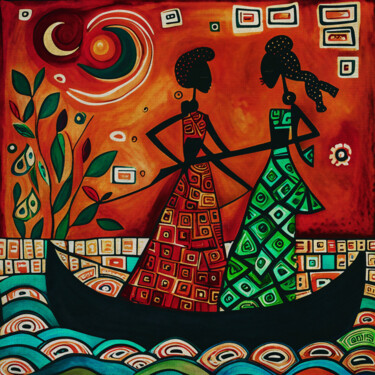 African girls go fishing in a small boat