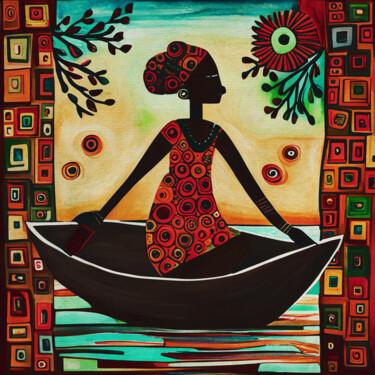 African girl in traditional clothes in a small boat